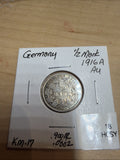 German Empire 1/2 Mark Coin 1916-A, KM# 17, Silver .900