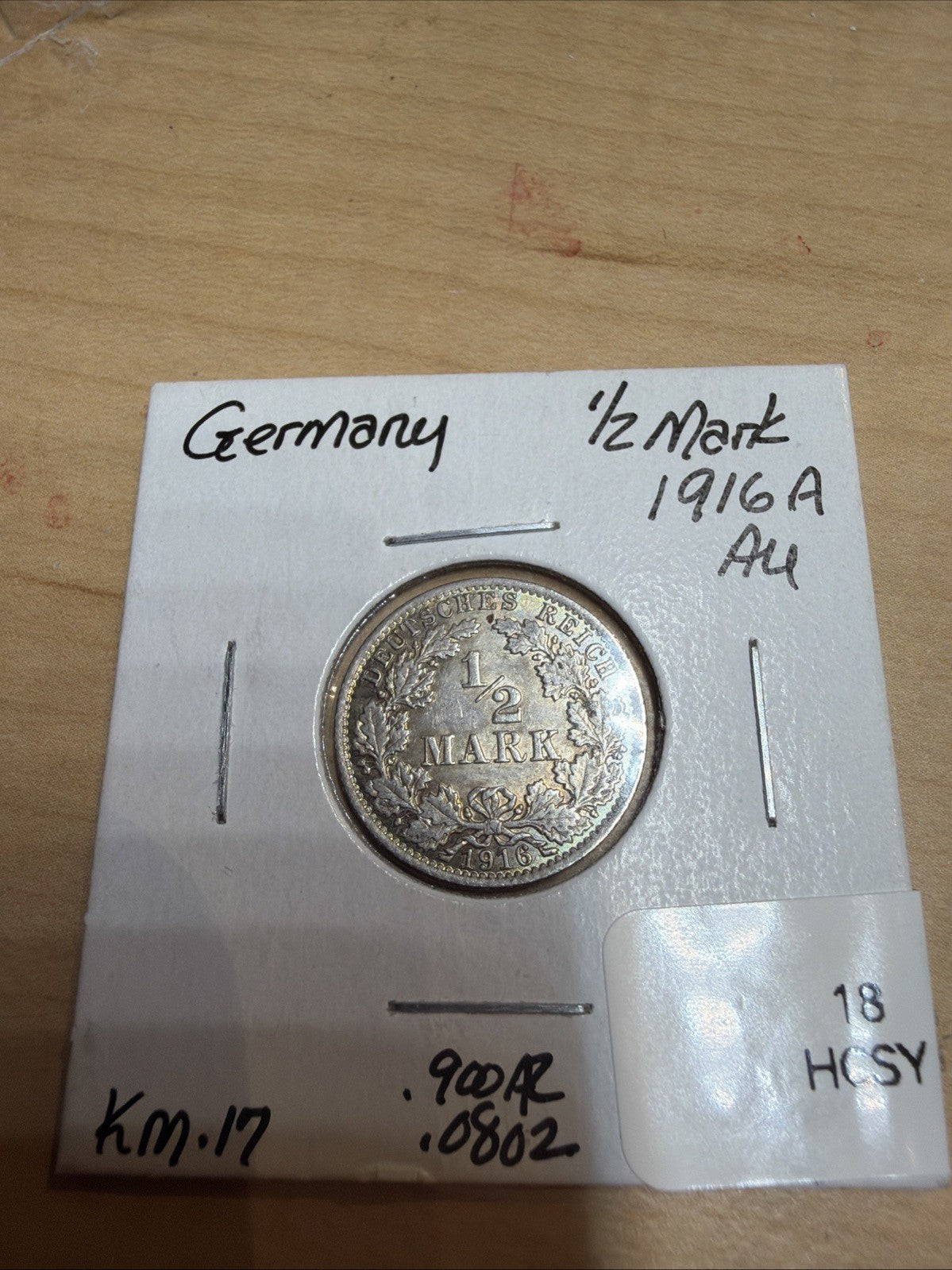 German Empire 1/2 Mark Coin 1916-A, KM# 17, Silver .900