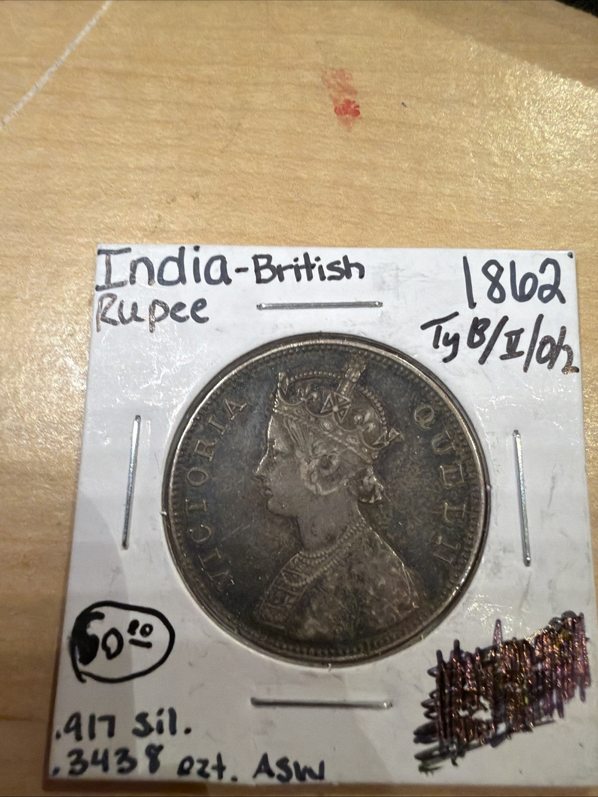 1862 British India Victoria Queen One Rupee Silver