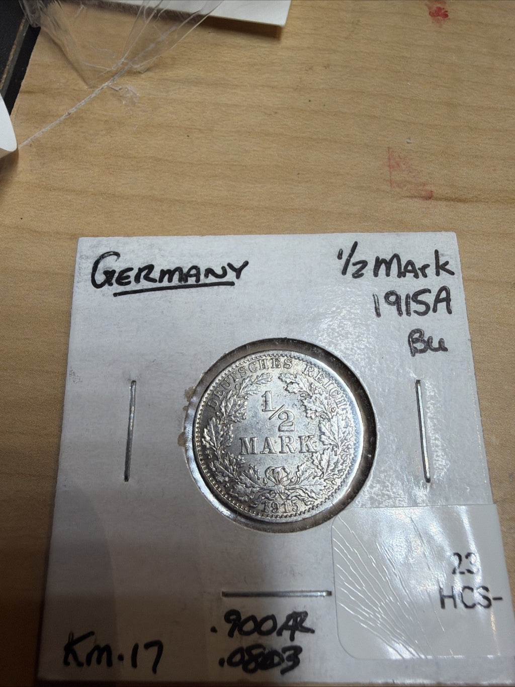 1915 Germany 1/2 Mark "A" Silver Coin