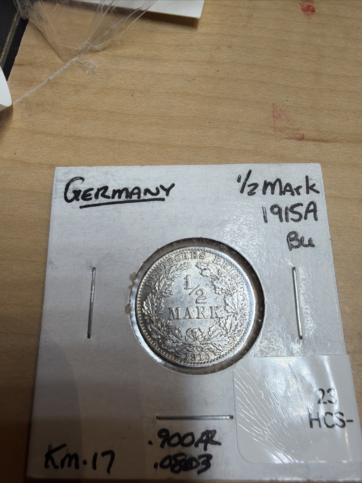 1915 Germany 1/2 Mark "A" Silver Coin