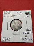 1868 Austria 10 Kreuzer (KM-2212) Franz Joseph Silver Coin Uncirculated UNC