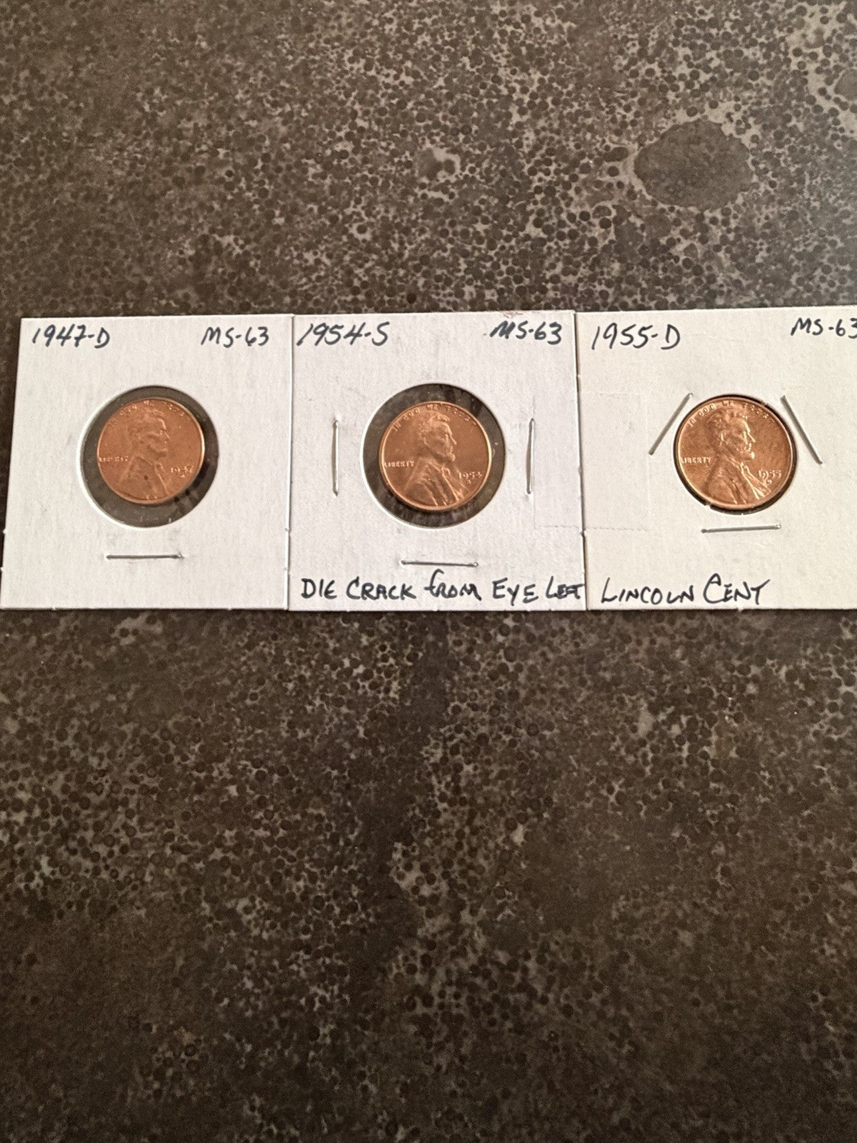 Group of 3 BU Wheat Cents 1947D-1958 1954-S Die Crack