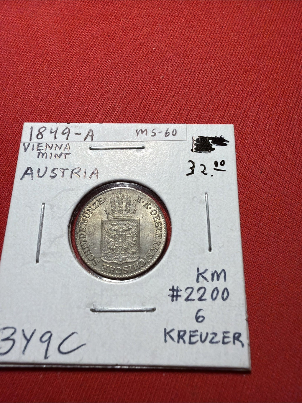 1849 Austrian Empire 6 Kreuzer Silver Coin, uncirculated KM 2200