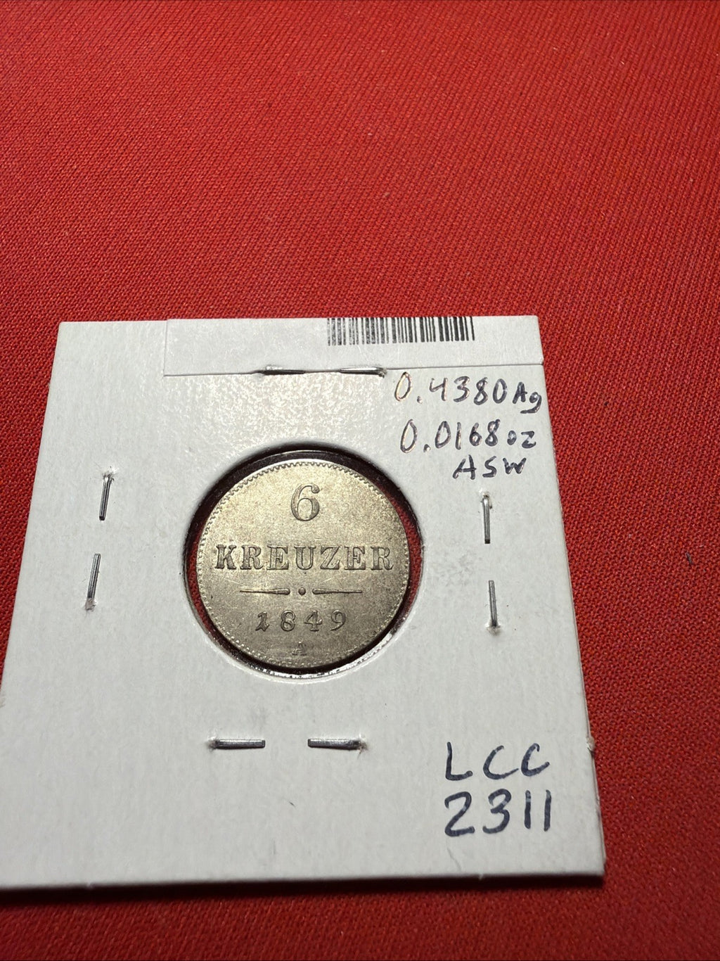 1849 Austrian Empire 6 Kreuzer Silver Coin, uncirculated KM 2200
