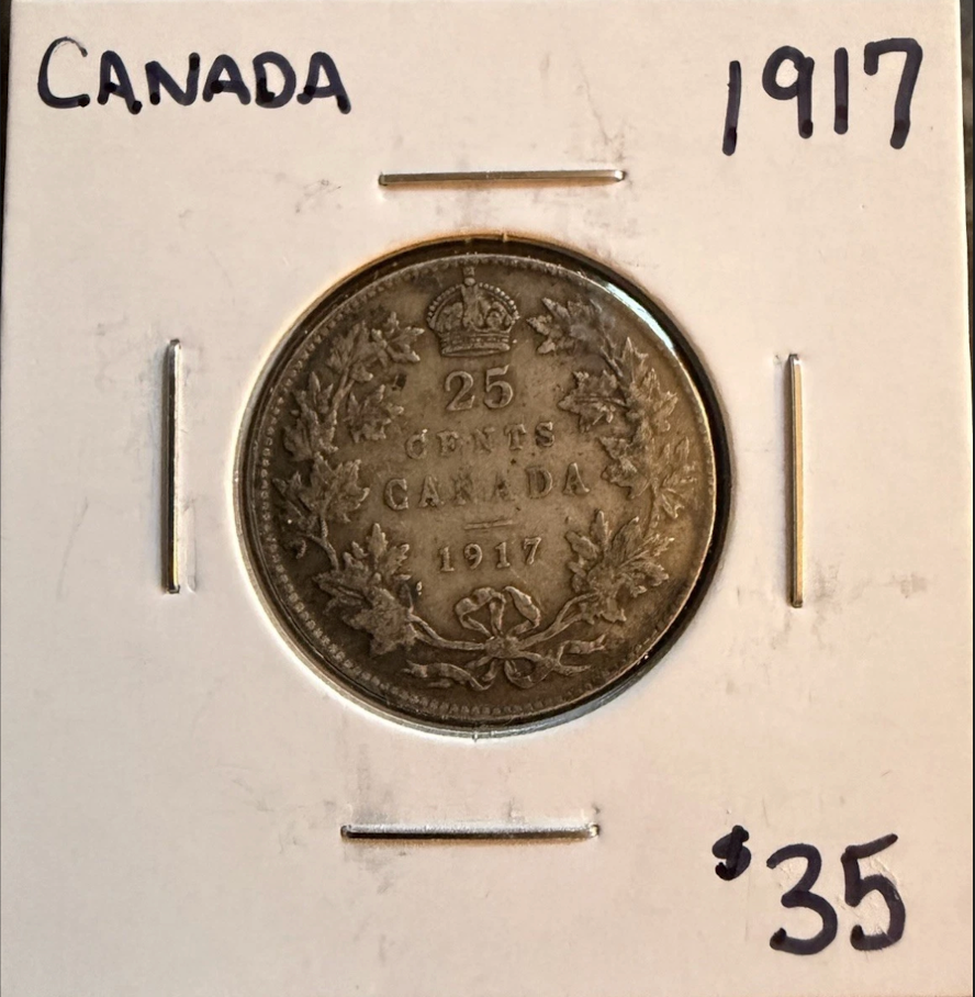 Canada 1917 25 Cents Silver Coin .925 Fine