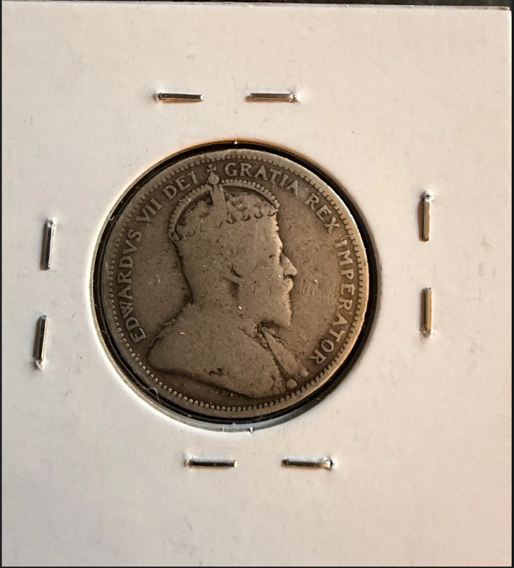 King Edward VII Canadian 1907 25 Cent Silver Coin  Fine Condition